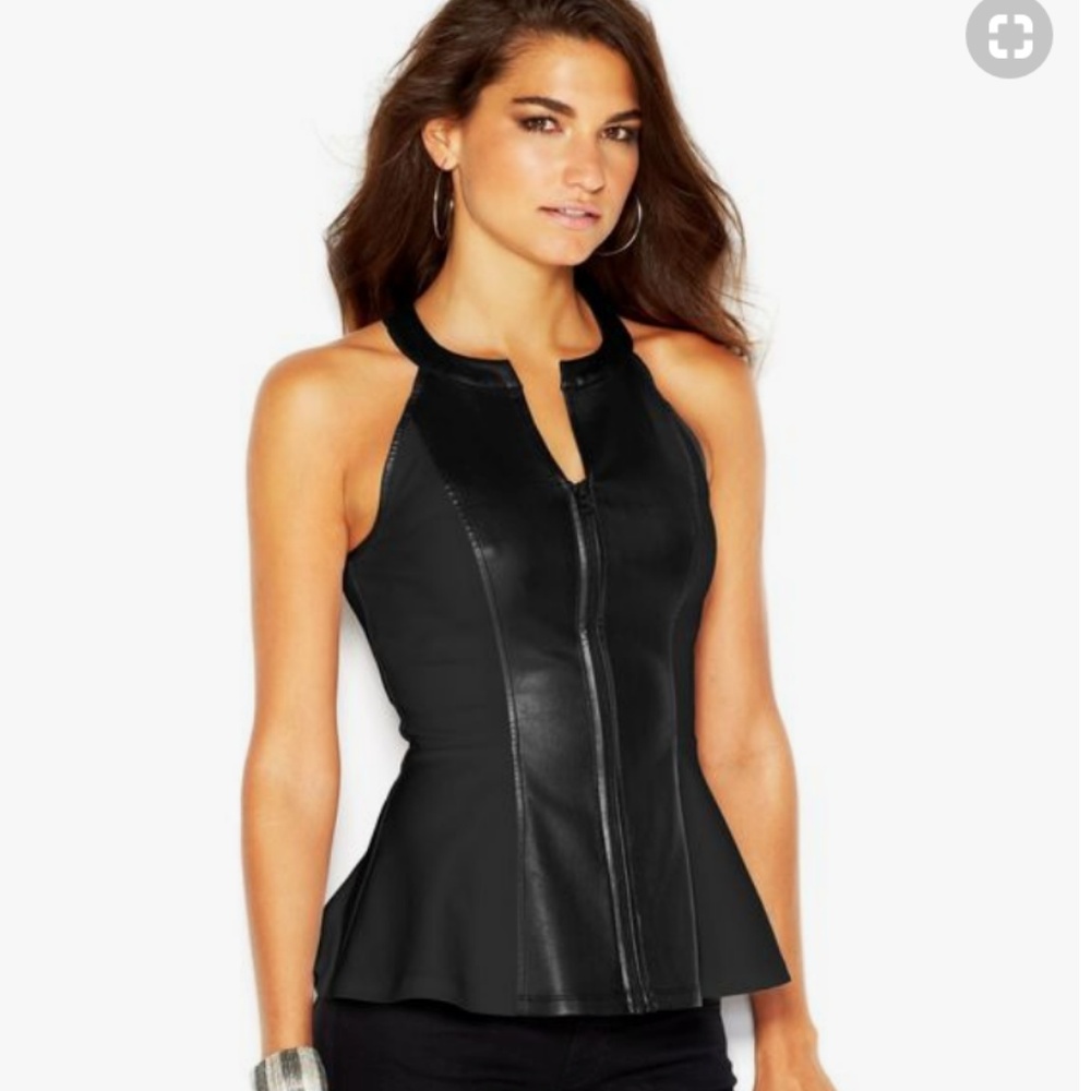 GUESS Zip-Front Faux-Leather Paneled Peplum Halter